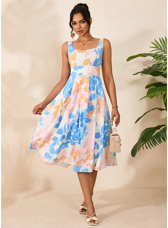Плиссированный Со сборками Площадь безрукавный A-линии Printed Fabric миди Модные платья 