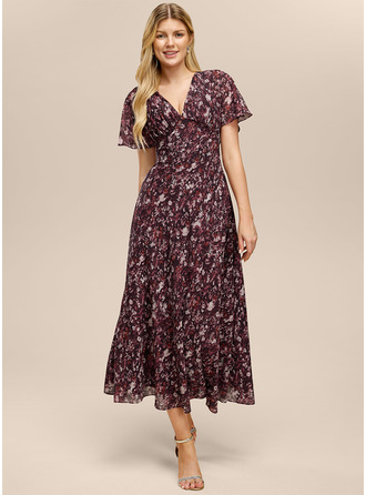 V-Neck Short Sleeve Floral Print Dress