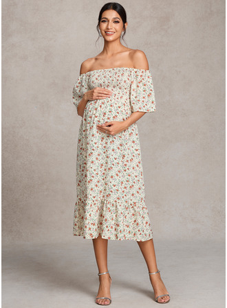 Kjole med A-linje Off-shoulder Square Te-længde Graviditetskjoler 