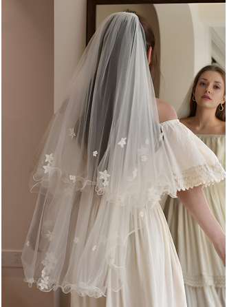 Perlen Blumen Wellenkante Zweistufig Hochzeit Fingerspitzen-Schleier 100 cm Brautschleier Mit Gesichtsteil 