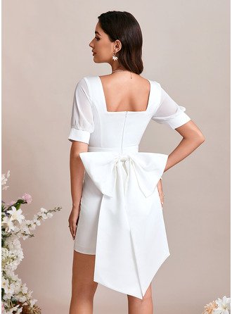Bow Square Short Sleeve Sheath/Column Satin Mini Dress 