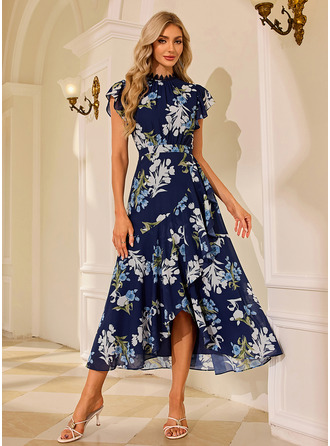 High Neck Floral Print Chiffon Midi Dress