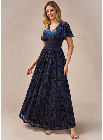 Jacquard V-Neck Short Sleeve A-line Velvet Maxi Dress 
