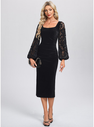 Square Long Sleeve Sheath/Column Lace Velvet Midi Dress 