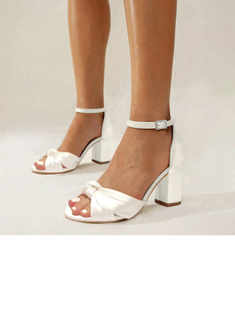 Mujer zapatos de novia satén tacón ancho puntera abierta sandalias de novia zapatos de dama de honor elegante simple boda fiesta fiesta de graduación noche cóctel zapatos 