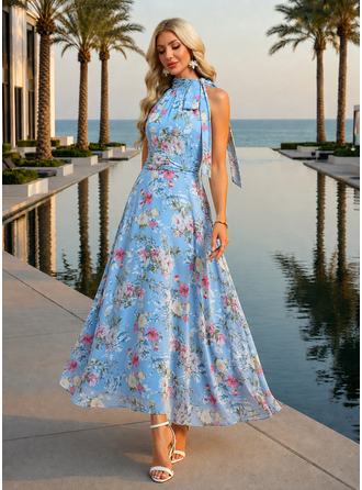 Gola alta estampa floral chiffon maxi vestido