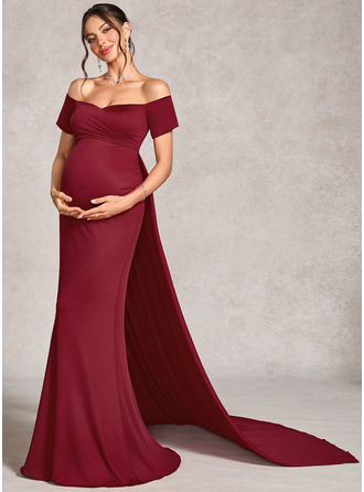Kolumn Off-shoulder Sweep släp Jersey Gravidklänningar med Plisserad 