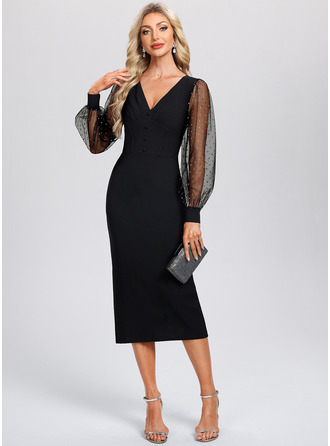 кнопка V шеи Длинные рукова ножны Тюль стретч-креп миди Модные платья 