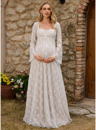 A-line Sweetheart Floor-Length Lace Maternity Dresses With Bow