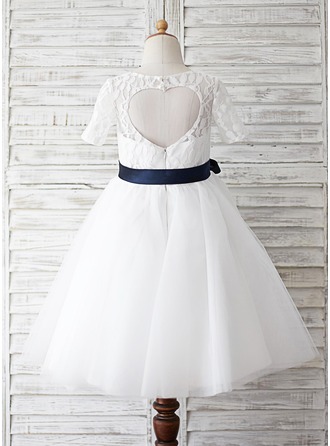 Ball Gown Knee-length Flower Girl Dress - Tulle/Lace Short Sleeves Scoop Neck With Lace/Sash/Back Hole 