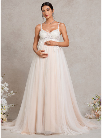 Kjole med A-linje V-hals Court-slæb Tyl Blonder Graviditetskjoler 