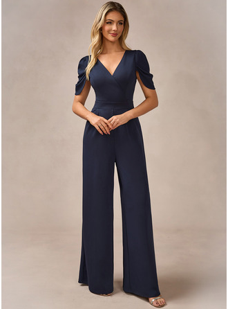 V-Neck Short Sleeve Jumpsuits stretchy fabric Maxi Dress 