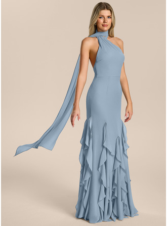 Escote monohombro sin mangas volantes vestido