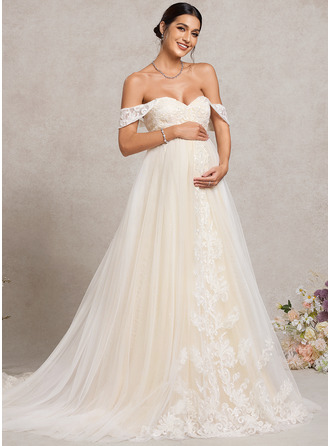 Kjole med A-linje Off-shoulder Court-slæb Tyl Blonder Graviditetskjoler 