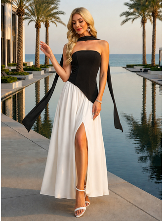 Ombro a ombro sem alças preto e branco chiffon maxi vestido