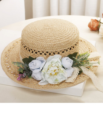 Women's Flat Brim Summer Flower Raffia Straw Tea Party Boater