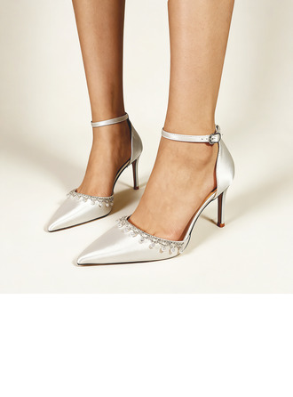 Vrouwen bruidsschoenen satijn hoge hak puntteen bruiloft hakken elegant strass huwelijk schoenen