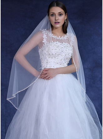 Beading Cut Edge Single Tier Bridal Fingertip Length 39" Wedding Veils