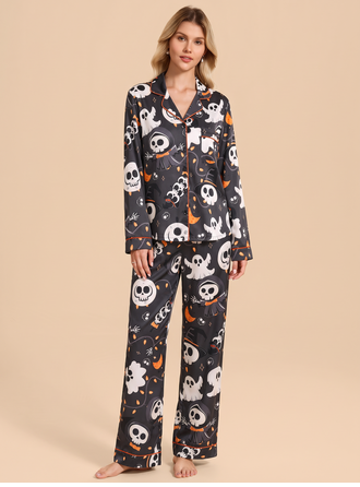 Halloween Ghost Skull Printed Pajamas Set