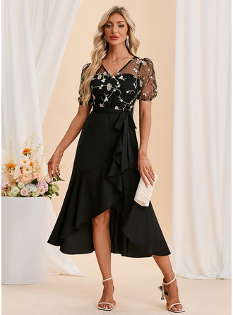 Stickerei Illusion Kurzarm A-Linien-Kleid Charmeuse Tüll Vokuhila Midi Kleid 