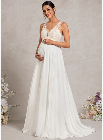 Kjole med A-linje V-hals Sweep/Brush train Blonder Chiffon Graviditetskjoler 