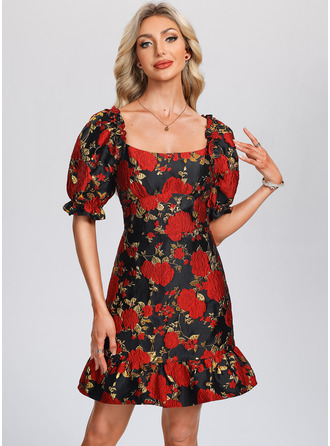 Рябь Со сборками Площадь 1/2 рукава ножны жаккард Мини Модные платья 