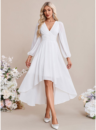 V-Neck Long Sleeve A-line Chiffon Lace Midi Dress 
