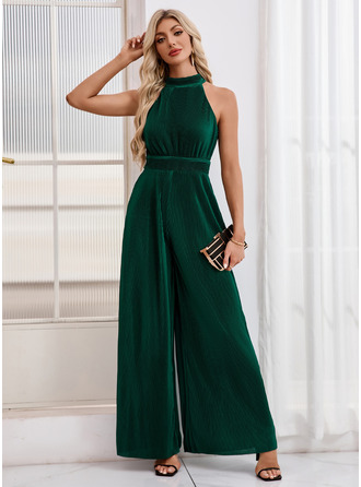 Falten Neckholder Ärmellos Jumpsuits Krepp Maxi Kleid 