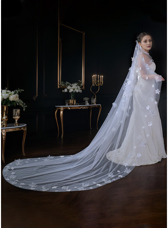 Perlen Blumen Schnittkante Einstufig Hochzeit Kathedralenschleier 300 cm Brautschleier 