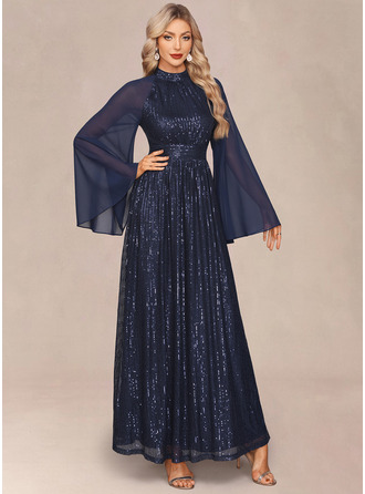 High Neck Long Sleeve A-line Chiffon Sequin Maxi Dress 