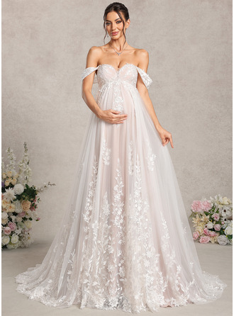 Vestido premamá línea a con hombros descubiertos sin tirantes de encaje
