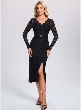 V-Neck Long Sleeve Sheath/Column Lace Midi Dress 