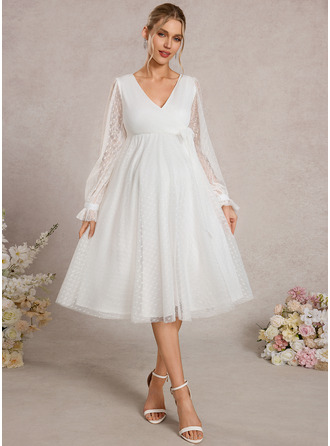 A-line V-Neck Knee-Length Tulle Maternity Dresses With Bow