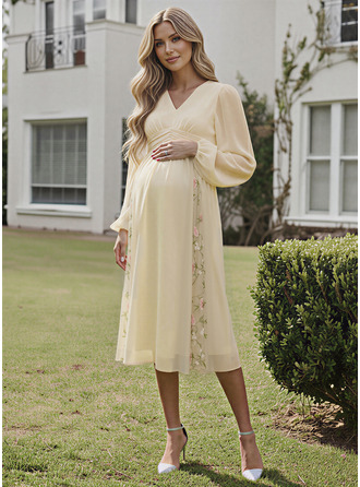 Línea a escote en v hasta la tibia vestido premamá con fruncido plisado encaje 