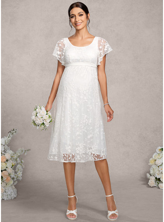 Kjole med A-linje Rund-halsudskæring Knælængde Blonder Graviditetskjoler med Sløjfe 