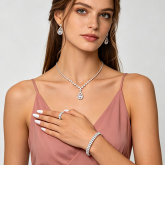 Rhinestone Wedding Jewelry Sets For Bridal & Bridesmaid Earrings & Necklace & Bracelet & Ring (Set of 4)