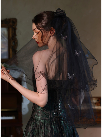 Bow Butterfly Pencil Edge Two Tier Bridal Fingertip Length 31" Wedding Veils With Blusher 