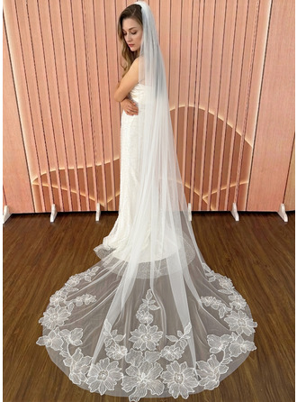 Floral borda cortada uma camada casamento véu capela 250 cm véus de noiva