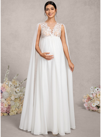 Kjole med A-linje Rund-halsudskæring Illusion Gulvlængde Blonder Chiffon Graviditetskjoler 