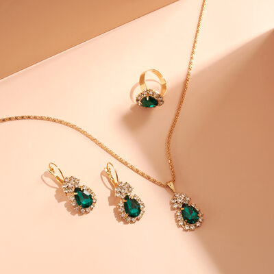 Vintage Rhinestone Cocktail Evening Necklace Earrings Rings Jewelry Sets (Set of 3) 