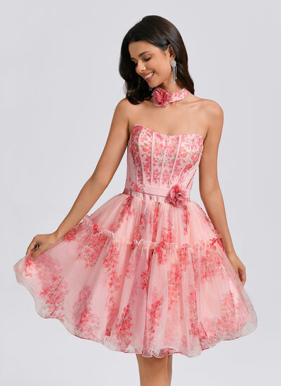 De baile/princesa decote em coração curto tule vestido de formatura com florais 3d pregueado 