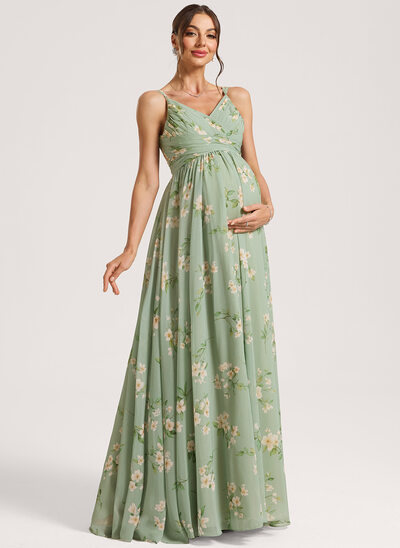 A-Linien-Kleid V-Ausschnitt Bodenlang Chiffon Umstandskleider mit Falten 