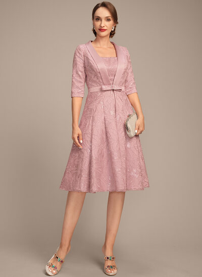 A-line Square Knee-Length Satin Lace Mother of the Bride Dress With Pleated Sequins 