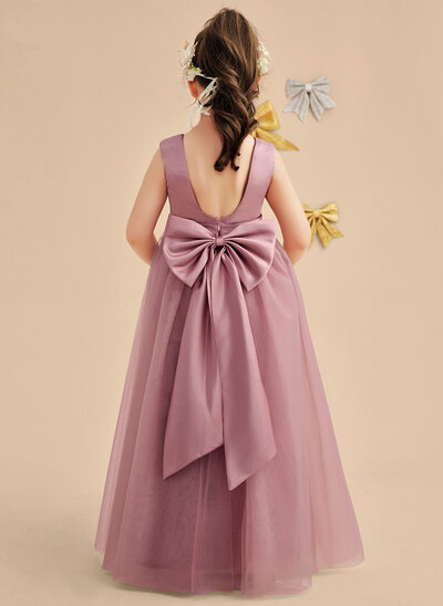A-line Scoop Floor-Length Tulle Satin Flower Girl Dress With Bow Sash 