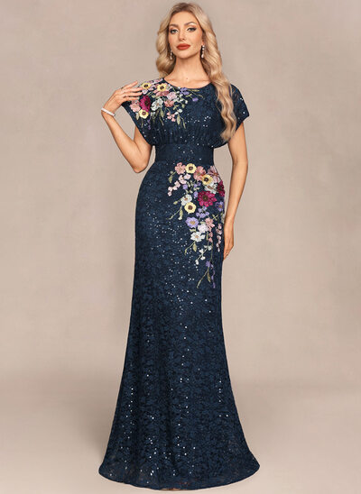 A trapezio girocollo a terra pizzo abito da sera con lustrini fiore di appliques pizzo 