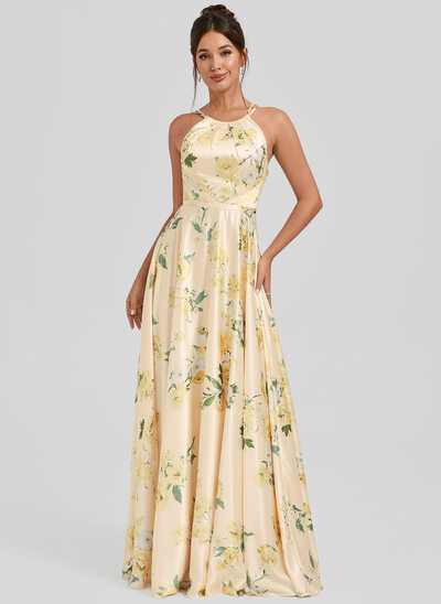 Robe de demoiselle d'honneur trapèze licou longueur ras du sol satin mat 