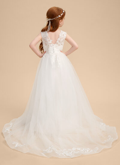 Ball-Gown/Princess Scoop Sweep Train Tulle Lace Flower Girl Dress With Appliques Lace 