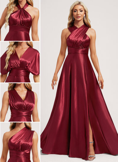 A-line One Shoulder V-Neck Halter Floor-Length Stretch Satin Bridesmaid Dress 