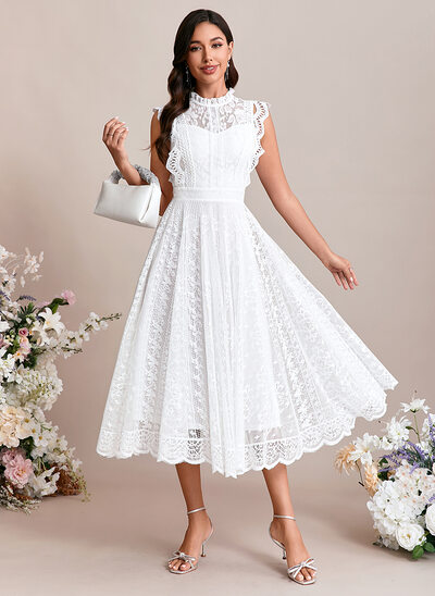 A-line High Neck Asymmetrical Tea-Length Lace Wedding Dress 