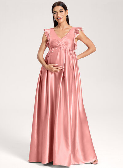 A-Linien-Kleid V-Ausschnitt Bodenlang Stretch-Satin Umstandskleider mit Rüschen 